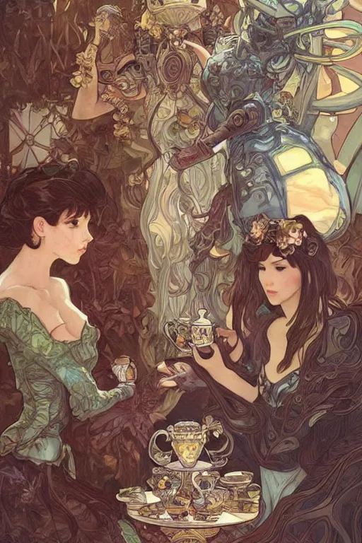 Image similar to Mechas having a tea party, cute, fantasy, intricate, elegant, highly detailed, digital painting, 4k, HDR, concept art, smooth, sharp focus, illustration, art by artgerm and H R Giger and alphonse mucha