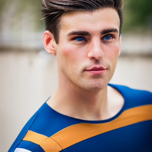 Prompt: a portrait of a young Caucasian man with short brown hair that sticks up in the front, blue eyes, groomed eyebrows, tapered hairline, sharp jawline, wearing a volleyball jersey, sigma 85mm f/1.4, 15mm, 35mm, 4k, high resolution, 4k, 8k, hd, highly detailed, full color, Kodak Kodachrome Film