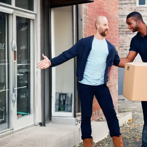 Prompt: stock photo of a small business owner, shaking hands with a delivery person, out on the curb by the shop