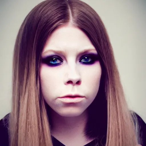 Image similar to semi - long light brunette, lop eared, black eye shadow, small nose, small mouth, triangle shaped face, avril lavigne face shape