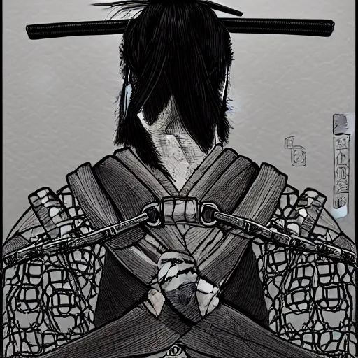 Image similar to a portrait from behind of a samurai man vagabond, the samurai is wrapped in chains, detailed, illustration, concept art, ink style, sketch