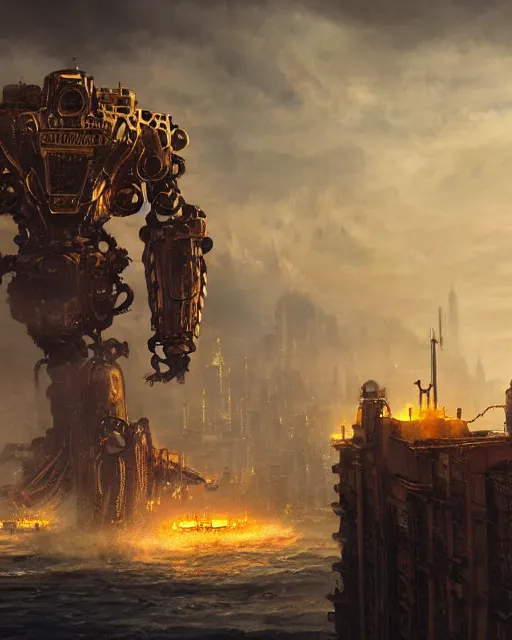 Image similar to oil painting of golden King Kong Steampunk Robot Hybrid attacking city, sharp focus, fantasy style, steampunk city background, octane render, volumetric lighting, 8k high definition, by greg rutkowski, highly detailed, trending on art Station