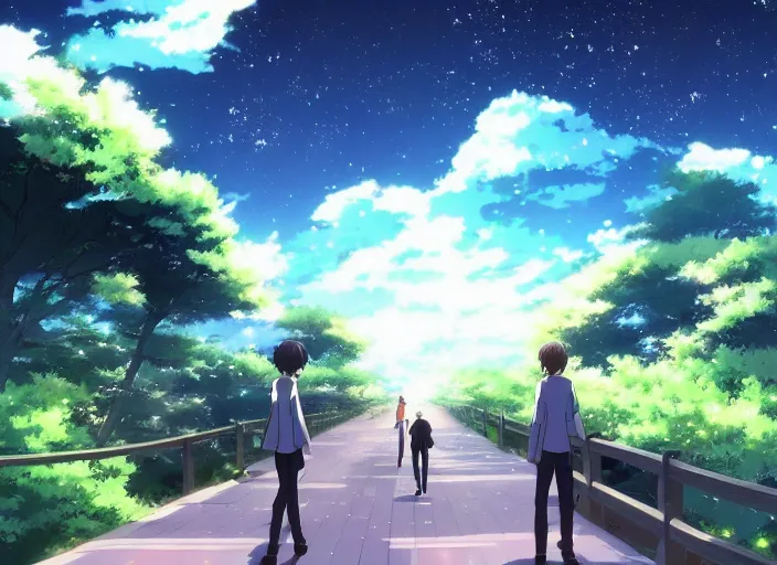 Prompt: going on a walk through space, Japan, anime scenery by Makoto Shinkai, wholesome, discovery
