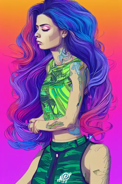 Image similar to a award winning half body portrait of a beautiful woman with stunning eyes in a printed croptop and cargo pants with rainbow colored ombre hairstyle head in motion and hair flying by josan gonzales, outrun, vaporware, shaded flat illustration, digital art, trending on artstation, highly detailed, fine detail, intricate