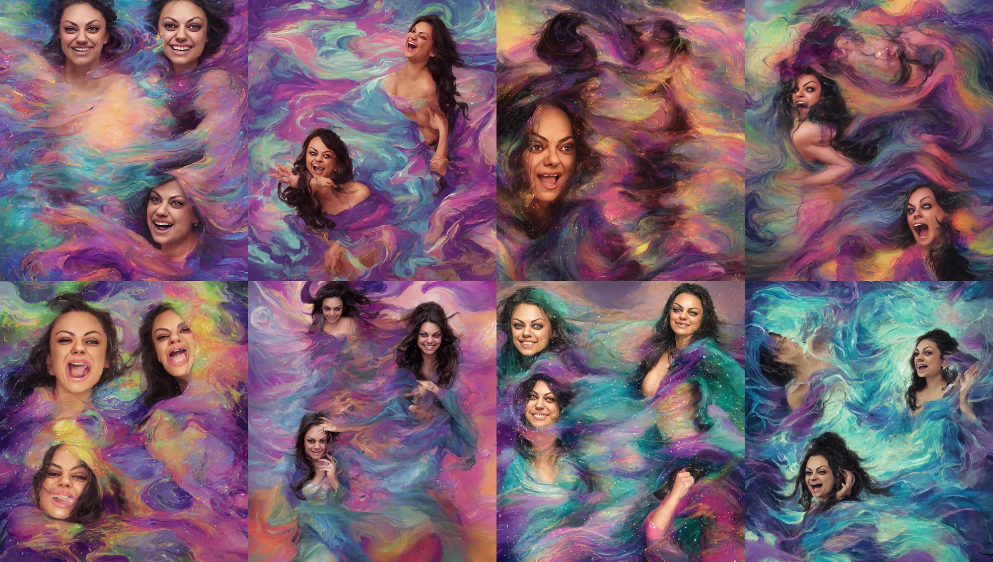 Prompt: portrait mila kunis laughing hysterically, rainy storm, intricate robes, gloomhaven, luminescent, colorful swirly magic ripples, pastel colors, by greg manchess, huang guangjian, gil elvgren, sachin teng, greg rutkowski, jesper ejsing, ilya kuvshinov, focal length : 2 0 0. 0 mm