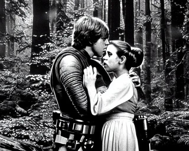 Image similar to luke skywalker, princess leia and han solo hugging and kissing in the forest of endor at the end of return of the jedi