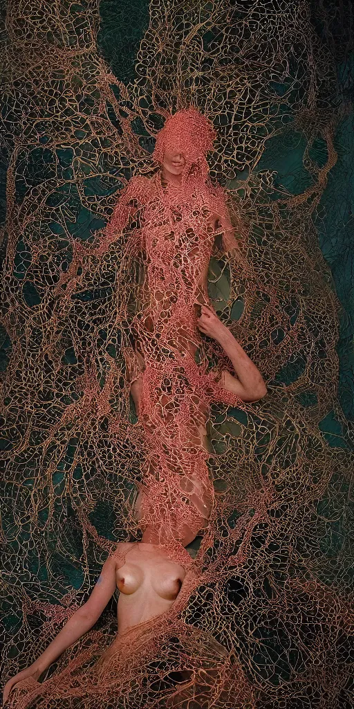Prompt: a woman entwined in a coral reef, made of intricate decorative lace leaf skeleton, in the style of the dutch masters and gregory crewdson, dark and moody