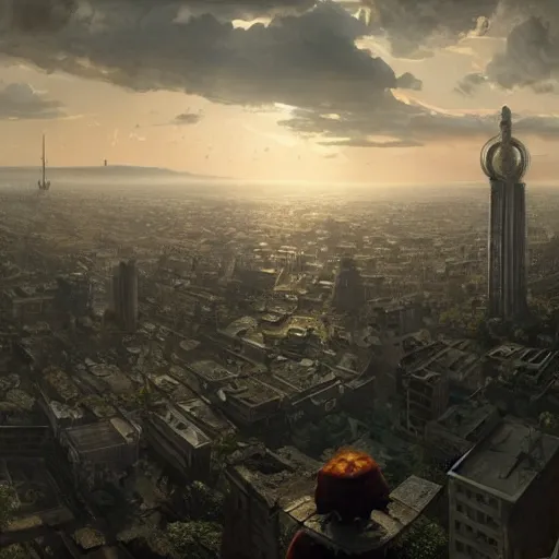 Image similar to enormous spongebob looming above a city, seen from a distance, volumetric lighting, 8 k octane beautifully detailed render, post - processing, extremely hyper - detailed, intricate, epic composition, cinematic lighting, masterpiece, trending on artstation, masterpiece, stunning art by anders zorn, wonderful masterpiece by greg rutkowski, beautiful cinematic