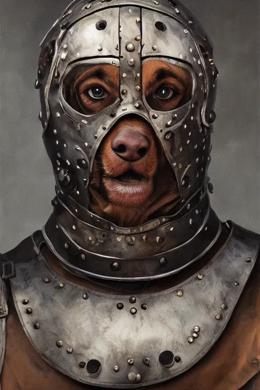 Image similar to Slavic dog head man, beautiful torso in leather armour, oil painting, hyperrealism, beautiful, high resolution, trending on artstation,