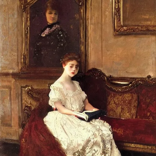 Prompt: young victorian lady in ball gown falling asleep while reading a book, painted by alfred stevens