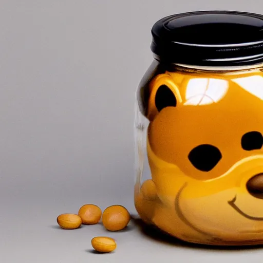 Image similar to a jar - sized winnie the pooh head = a jar of honey, surreal, realism