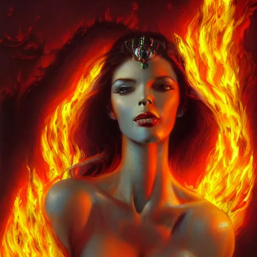 Image similar to A beautiful painting of a goddess with a body made of flames by Jim Burns, ultra-detailed , Trending on artstation.