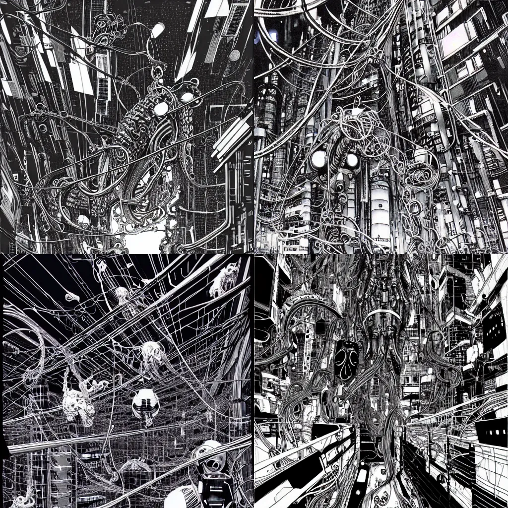 Prompt: cyborg monsters with tentacles and wires in detailed huge cybernetic mega city with wires in space, by nihei tsutomu