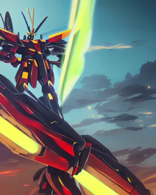 Image similar to highly detailed vfx portrait of gundam deathscythe hell fighting gundam epyon in space beam saber clash energy beams explosions, unreal engine, greg rutkowski, loish, rhads, beeple, makoto shinkai and lois van baarle, ilya kuvshinov, rossdraws, tom bagshaw, alphonse mucha, global illumination, detailed and intricate environment