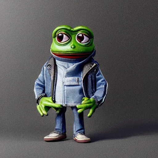 Image similar to perfectly accurate miniature figure of pepe the frog wearing jeans and a black leather jacket, soft textures, skin texture, clothing, 3d sculpture, textured, fine detail, lifelike, photo, high resolution, octane render, post processing, after effects, trending on artstation