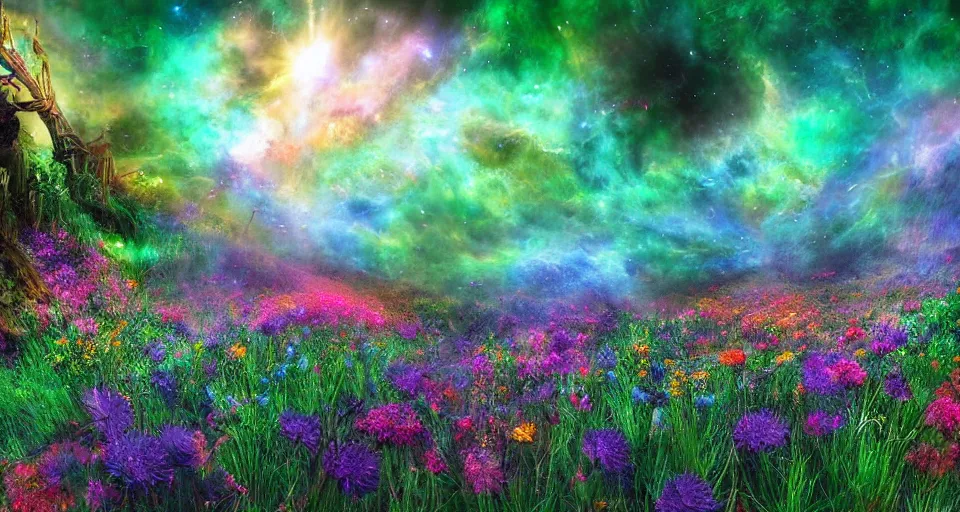 Prompt: a large mystic shrine shrouded by mystic nebula magic in a field of flowers, mad dog jones, breath - taking beautiful flowers, streams, nebula, and mist, an aesthetically pleasing, dynamic, energetic, lively, complex, intricate, detailed, well - designed digital art of magic, streams, flowers, and mist, early morning, light and shadow