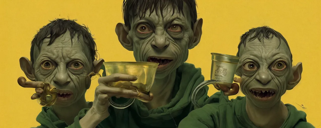 Image similar to duotone olive illustration 3 / 4 portrait of gollum drinking yerba mate from silver metal cup symmetrical composition accidental renaissance golden ratio. by sachin teng and sergey kolesov and ruan jia and heng z. graffiti art, scifi, fantasy, hyper detailed. octane render. concept art. trending on artstation