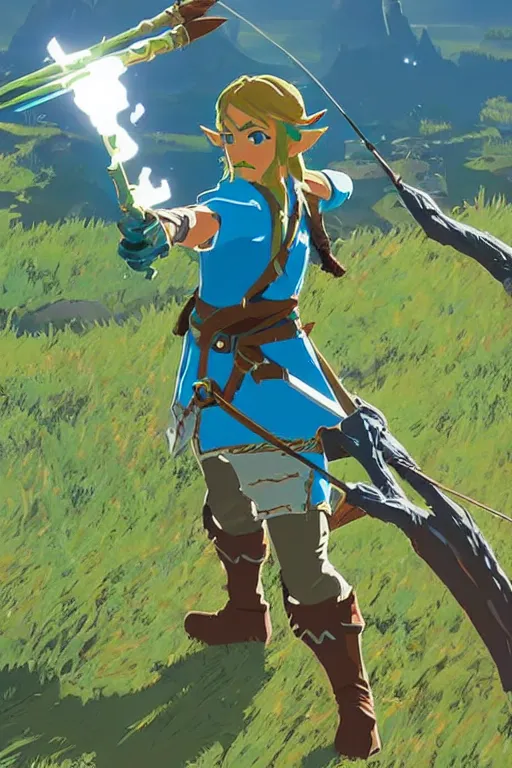 Image similar to in game footage of link from the legend of zelda breath of the wild firing an exploding arrow, breath of the wild art style.