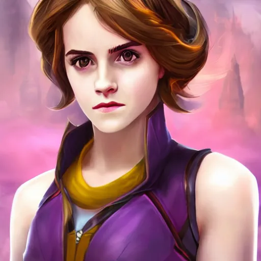 Prompt: emma watson as a character in the game league of legends, with a background based on the game league of legends, detailed face