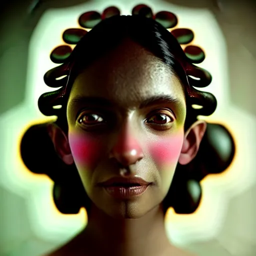 Image similar to a close - up shot of a brown woman wearing a luminous armor made of neon jelly fishes. soft lighting. fragile. haunting eyes!! coherent face!! no makeup!! muted colors. by ray caesar. by louise dahl - wolfe. by andrea kowch. surreal photography