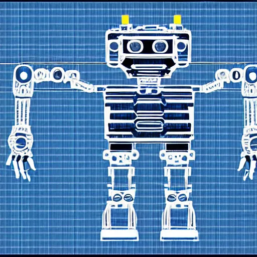 Prompt: schematics of a bipedal robot, the robot is about 2 meter high, in the style of blue print. width 1 0 2 4