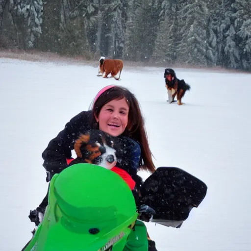 Image similar to girl riding giant Bernese Mountain Dog in the snow