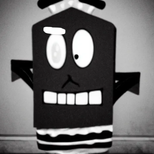 Prompt: creepy cursed black and white grainy spongebob with red eyes