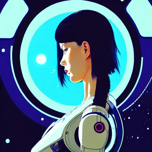 Image similar to side portrait scifi cyborg girl with robotic parts and spacesuit | | head only in center of image, audrey plaza, fine detail!! anime!! realistic shaded lighting!! poster by ilya kuvshinov katsuhiro otomo ghost - in - the - shell, magali villeneuve, artgerm, jeremy lipkin and michael garmash and rob rey