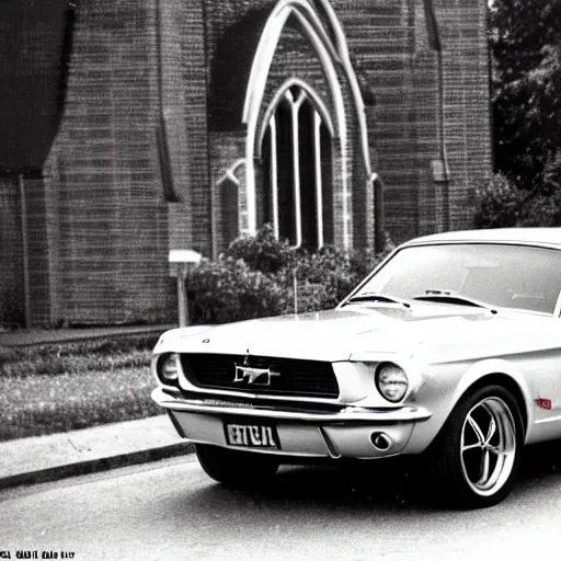 Prompt: Ford Mustang in front of a church in the 90\'s.