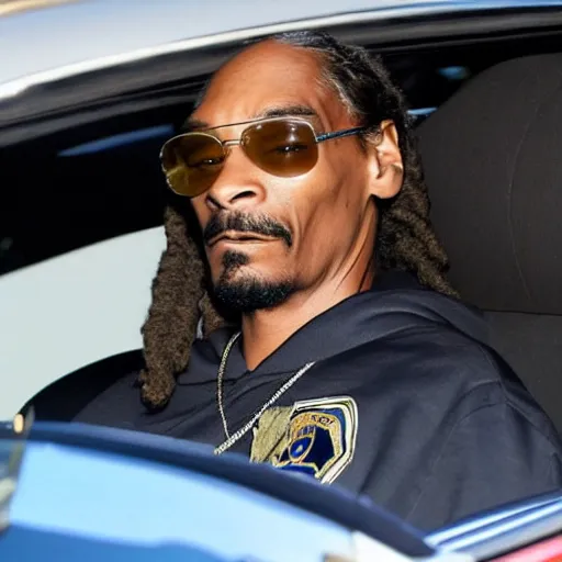 Image similar to Snoop Dogg is sitting in a police car wearing a cap C-11