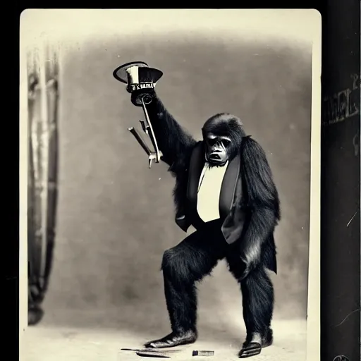 Prompt: A gorilla in a suit and top hat showing his steampunk inventions at 1893 Chicago world's fair