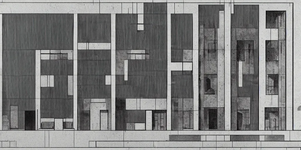 Prompt: brutalist building facing. yugoslavia, le corbusier, central symmetry, golden ratio, black and white color scheme, etching render