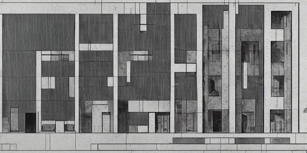 Image similar to brutalist building facing. yugoslavia, le corbusier, central symmetry, golden ratio, black and white color scheme, etching render