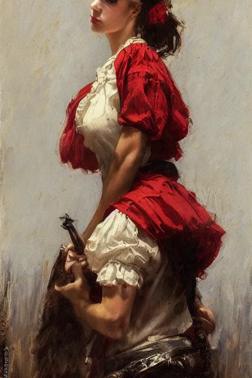 Image similar to Solomon Joseph Solomon and Richard Schmid and Jeremy Lipking victorian genre painting full length portrait painting of a young beautiful woman traditional german french pirate wench in fantasy costume, red background