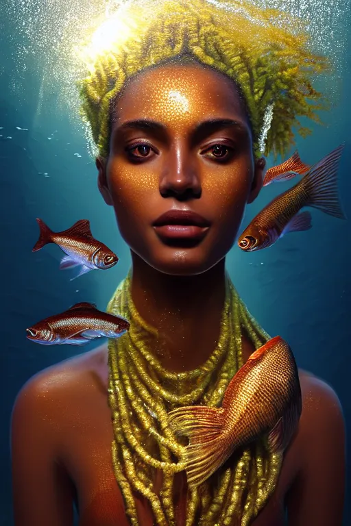 Prompt: hyperrealistic neoclassical cinematic underwater scene with fish and algae, very expressive! translucent elegant african goddess, full body, gold jewerly, highly detailed face, digital art masterpiece, eric zener aykut aydogdu, volumetric light, long shot, low angle uhd 8 k, sharp focus