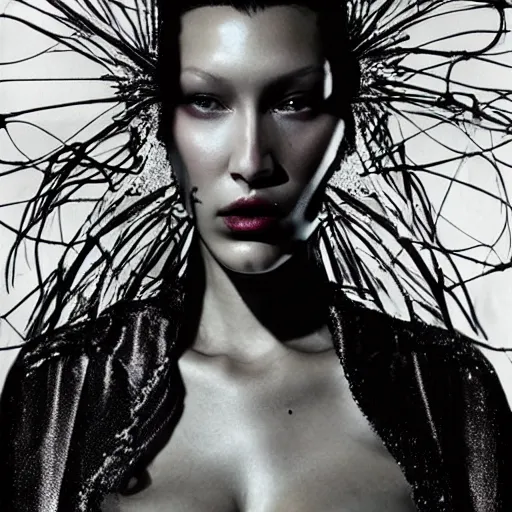 Prompt: bella hadid as maison margiela model on rammstein show. alexander mcqueen best fashion performance. exposure. mysterious. tape photo. processing. lost photo. deep dream effect. award wining photography.. perfect composition. photography masterpiece. ominous valley effect. vfx.