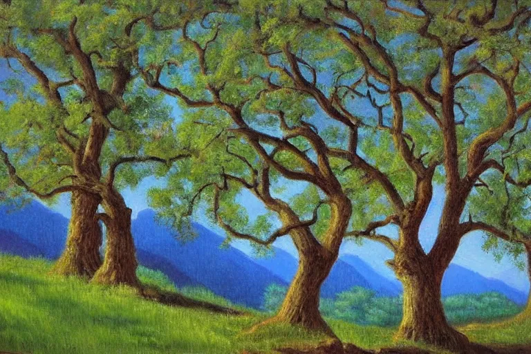 Image similar to masterpiece painting of oak trees on a hillside overlooking a creek, by alexey steele