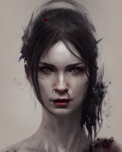 Prompt: A head and shoulder portrait of a demonic women fully clothed by Greg Rutkowski, Sung Choi, Mitchell Mohrhauser, Maciej Kuciara, Johnson Ting, Maxim Verehin, Peter Konig, final fantasy, 8k photorealistic, cinematic lighting, HD, high details, dramatic, dark atmosphere, trending on artstation