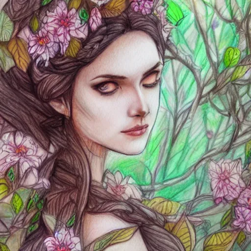 Image similar to a drawing of a beautiful woman dressed in flowers and leaves standing in an enchanted forest, high fantasy, elegant, epic, detailed, intricate, pencil and watercolor, concept art, realistic detailed face, smooth, focus, rim light,