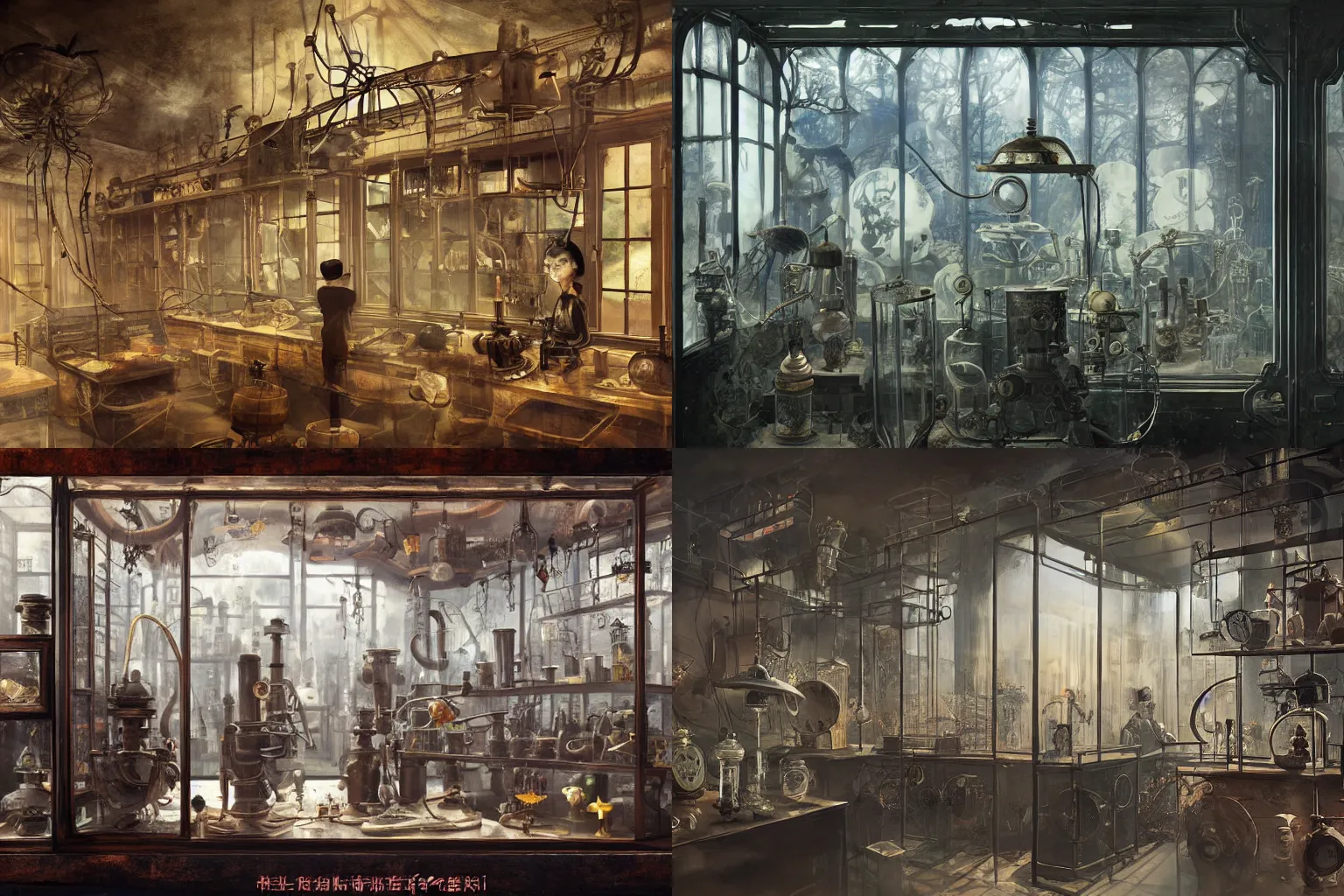 Prompt: a dark steampunk laboratory interior with strange creatures inside a display cases in the afternoon with dusty atmosphere with only by one window, painting 3D by Liu Mai Shen Jian