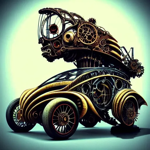 Image similar to biomechanical steampunk vehicle reminiscent of fast sportscar with robotic parts and (glowing) headlights parked in ancient lush palace, gothic and baroque, brutalist architecture, ultradetailed, creepy ambiance, fog, artgerm, giger, Intricate by Ellen Jewett and Josan Gonzalez and Giuseppe Arcimboldo