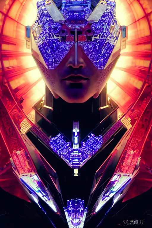 Prompt: akira from chinese mythology, hi - tech luciferian synthetic, gorgeous and huge head ornaments, dystopian, cyberpunk, mecha, halfturn portrait of a big crystal face made of crystals half - turn, ominous, intricate, studio, art by anthony macbain + greg rutkowski + alphonse mucha, concept art, 4 k, sharp focus