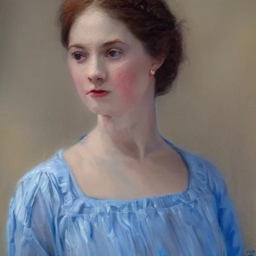Prompt: portrait painting of a lady in a light blue dress 1 9 0 0 s entire face shown in great detail, looking at the camera, garden, photorealistic, extreme detail, sharp focus, 8 k, intricate, hyper detailed, realistic, cinematic lighting