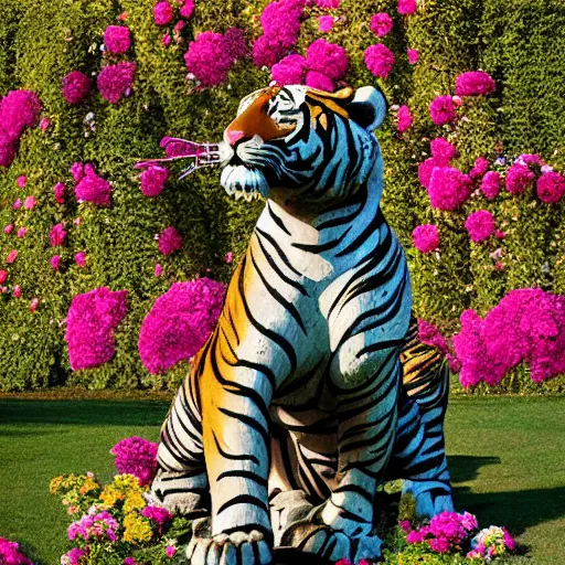 Image similar to a statue of a tiger [ fabricated with [ roses ]!! ], [ 4 k photorealism ]!!, shot by jimmy nelson, irving penn, peter kemp, hans bellmer, and slim aarons