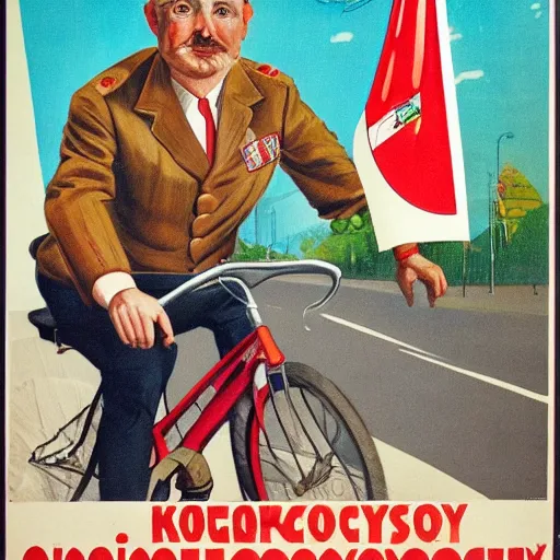 Image similar to portrait of mayor of budapest gergely karacsony riding a bicycle in summer shirt, hungarian propaganda poster, hungarian flag in the background, colored, artgerm, highly detailed