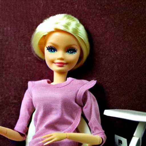 Prompt: a tired!!!!!!!! and sad!!!!!!!!! barbie doll sits at a desk in her office. the desk is overflowing!!! with several large stacks!!! of paper that surround!!! her entirely. her head is resting on her hand, photorealistic,