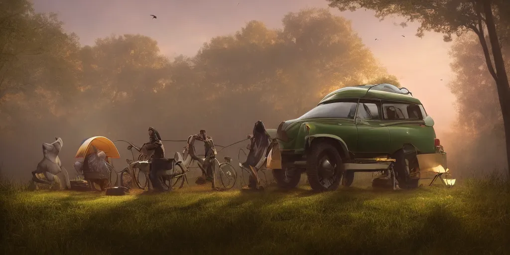 Prompt: knight camping next to green car, elegant scene, low angle, wide angle, indian forest, wide angle, cinematic, ultrarealistic, trending on artstation, cgsociety, highly detailed, color graded, rendered in unreal engine 4 k hq, matte painting, by simon stalenhag and hudson river school, horizon forbidden west