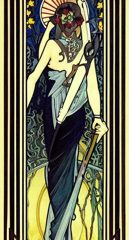 Prompt: an art deco tarot card of the grim reaper with a scythe, digital painting by tamara de lempika and an elegant border by alphonse mucha.