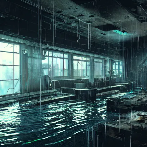 Image similar to flooded, desecrated, abandoned, cyberpunk science lab, ultra realistic, concept art, intricate details, eerie, highly detailed, photorealistic, octane render, 8 k, unreal engine, art by thomas dubois