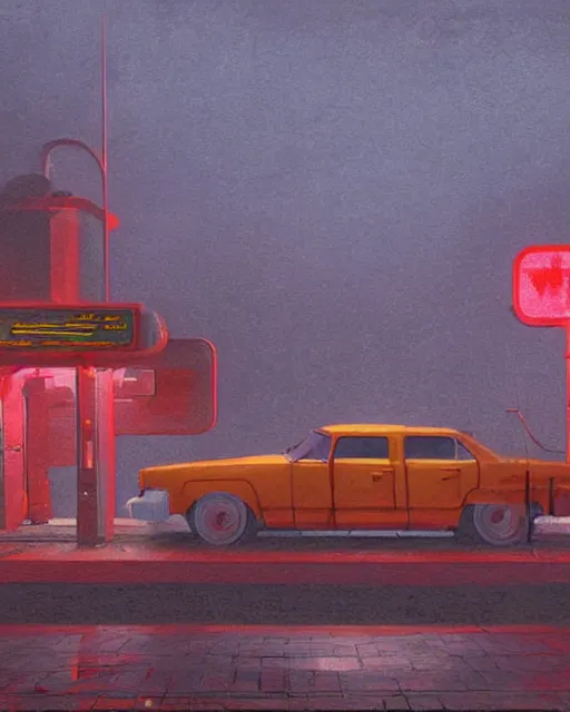 Prompt: a highly detailed epic cinematic concept art CG render digital painting artwork: Soviet gas station, fog, neon. By Greg Rutkowski, in the style of Francis Bacon and Syd Mead and Norman Rockwell and Beksinski, open ceiling, highly detailed, painted by Francis Bacon and Edward Hopper, painted by James Gilleard, surrealism, airbrush, Ilya Kuvshinov, WLOP, Stanley Artgerm, very coherent, triadic color scheme, art by Takato Yamamoto and James Jean